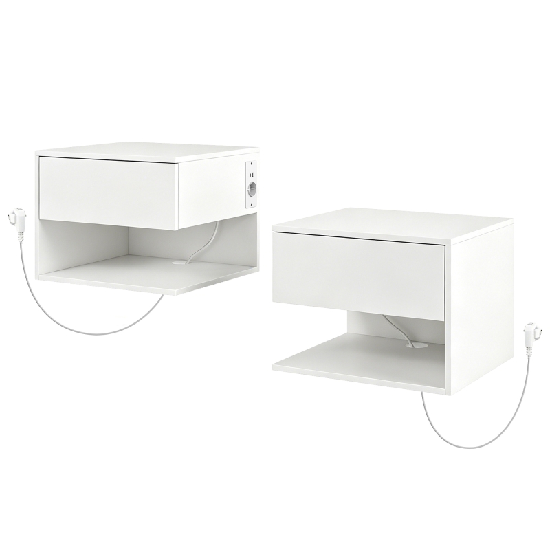 HOMCOM Set Noptiere Suspendate cu Sertar și Raft, Noptiere Moderne pentru Canapea, 40 x 35 x 30 cm, Alb