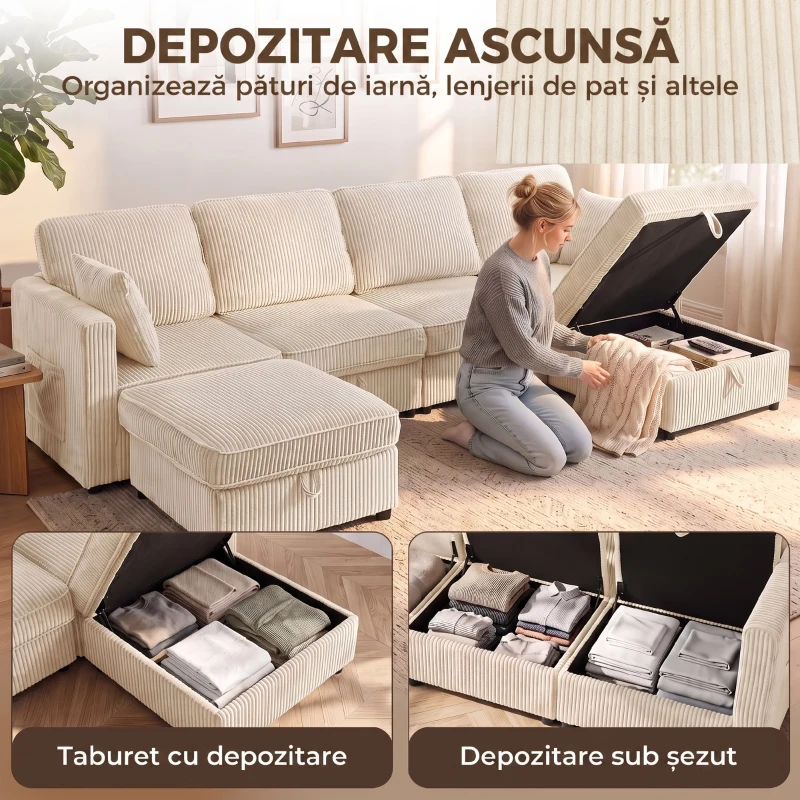 HOMCOM Canapea Modulară în U cu 4 Locuri, 2 Pufuri cu Depozitare, Catifea Reiată, 306x153x85 cm, Crem