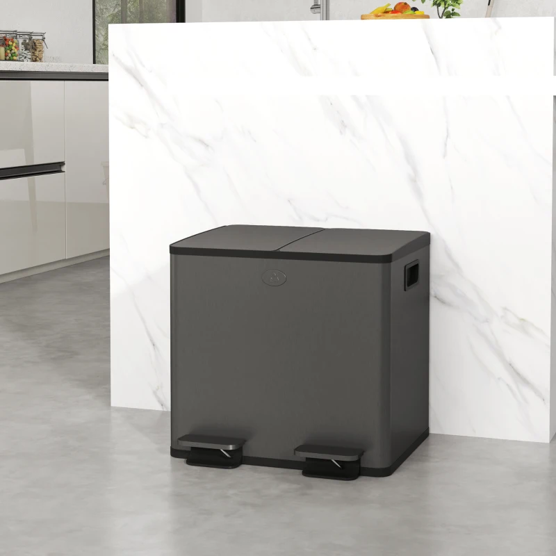 HOMCOM Coș de Gunoi cu 2 Secțiuni de 15L, cu Închidere Silențioasă, din Oțel Inoxidabil și PP, 41.7x36.6x43.2 cm, Negru