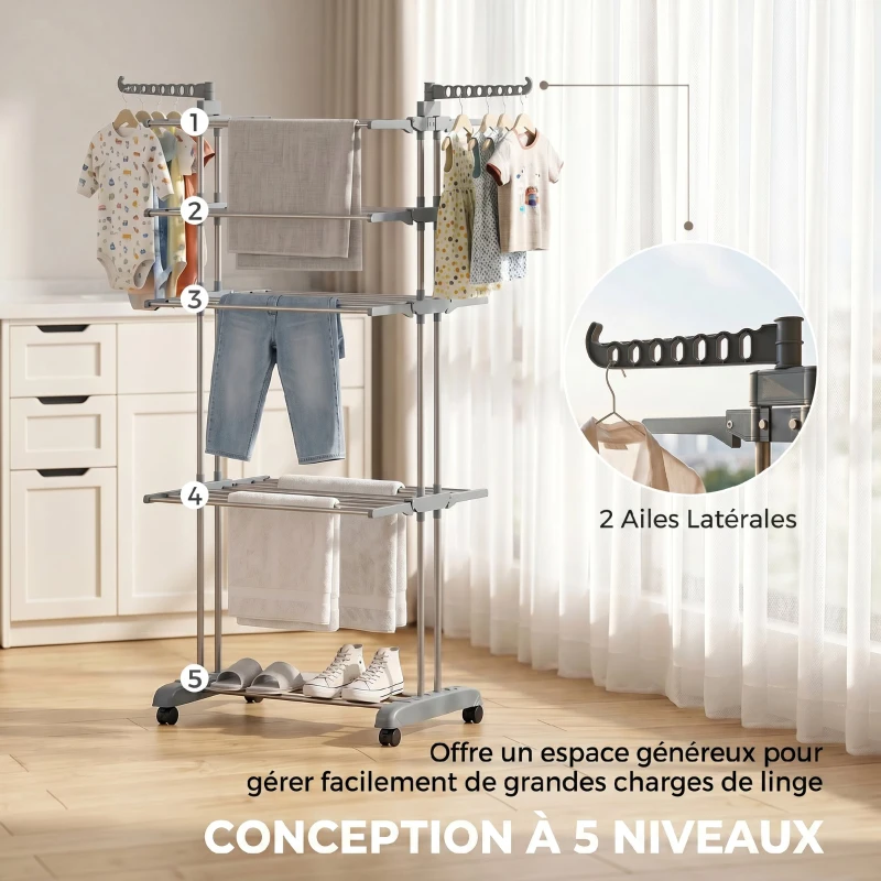 HOMCOM Séchoir à linge pliable 4 niveaux avec roulettes, étendoir linge intérieur avec ailes latérales, cadre en acier, gris