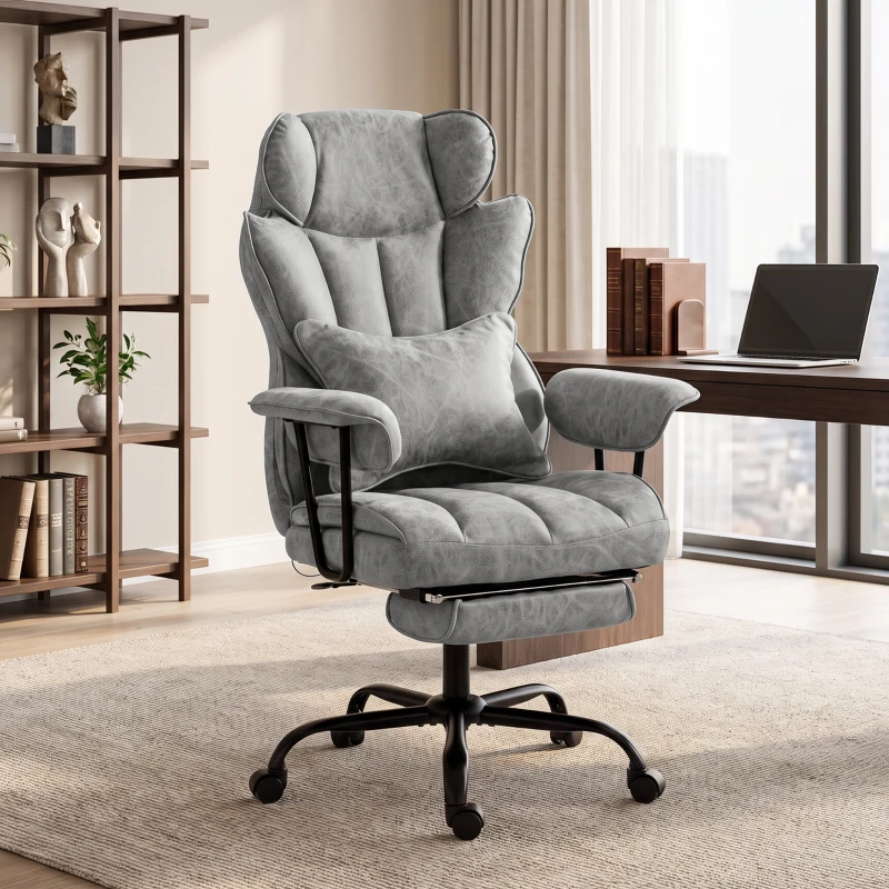 HOMCOM Silla de oficina con masaje de 6 puntos y calor, silla de escritorio con reposapiés, soporte lumbar y asiento amplio, Gris