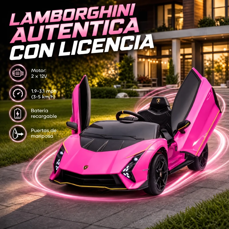 AIYAPLAY Coche Eléctrico para Niños Lamborghini Autentica con Batería 12V Mando a Distancia Faros Bocina Arranque Suave y Música MP3 Rosa