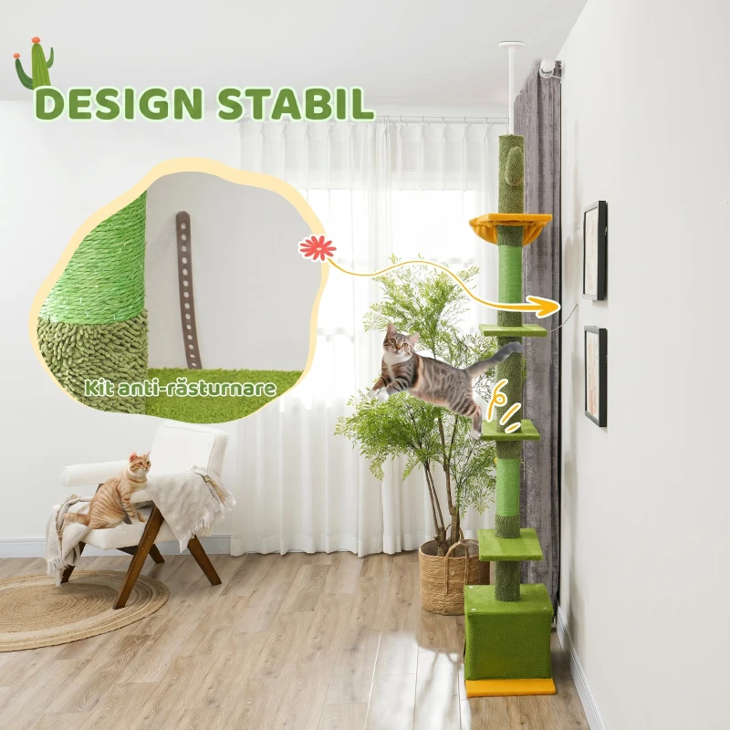 PawHut Ansamblu de Zgâriat pentru Pisici cu Fixare în Tavan, 230-275 cm, Hamac, Căsuță, Stâlpi din Sisal, Verde