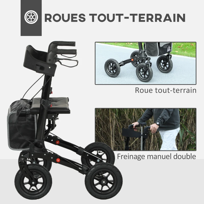 HOMCOM Déambulateur 4 roues pliable, rollator en aluminium léger, siège rembourré, dossier, poignée réglable, 69x64x98,5cm noir