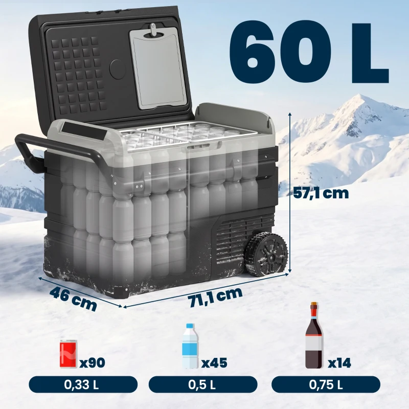 Outsunny Nevera Portátil Eléctrica 60L 12/24/240V Refrigerador de Coche con Compresor Pantalla LED Táctil Modos ECO y MAX hasta -20℃ Asa Retráctil Ruedas para Viajes Camping