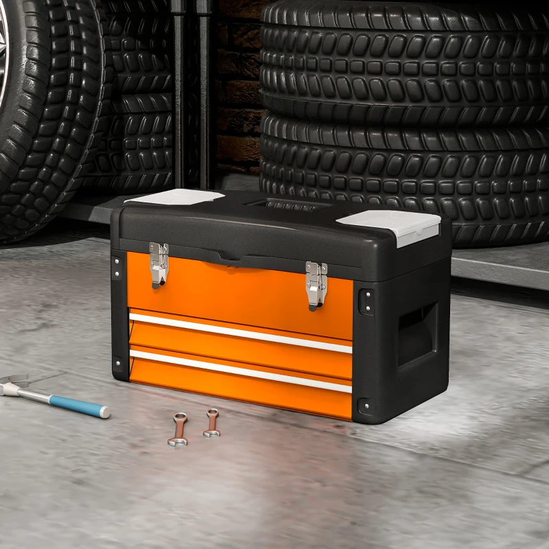 HOMCOM Maletín de Herramientas Resistente con 2 Cajones y Asa de Transporte Caja para Hogar y Taller Naranja