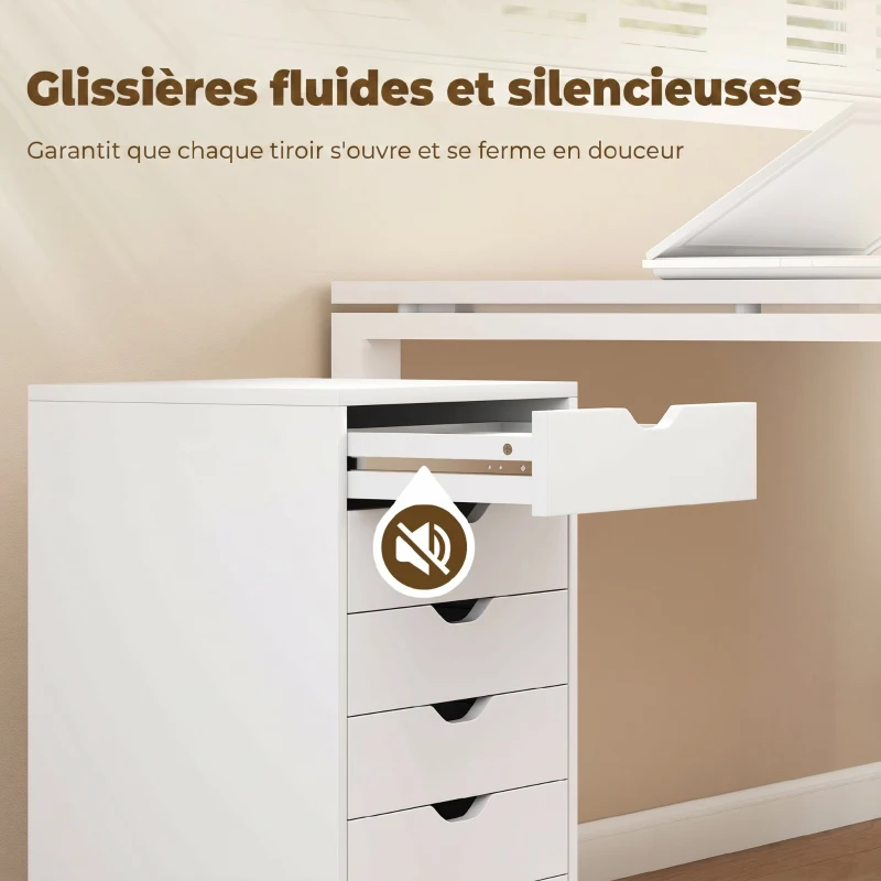 HOMCOM Caisson de Bureau Mobile avec 6 Tiroirs Silencieux, Caisson de Rangement sur Roulettes,  40 x 35 x 63 cm, Blanc