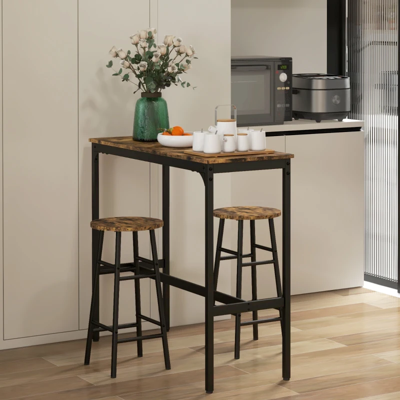 HOMCOM Conjunto Mesa Alta de Cocina con 2 Taburetes Marco de Acero Estilo Industrial Mesa Alta para Comedor Marrón Rústico