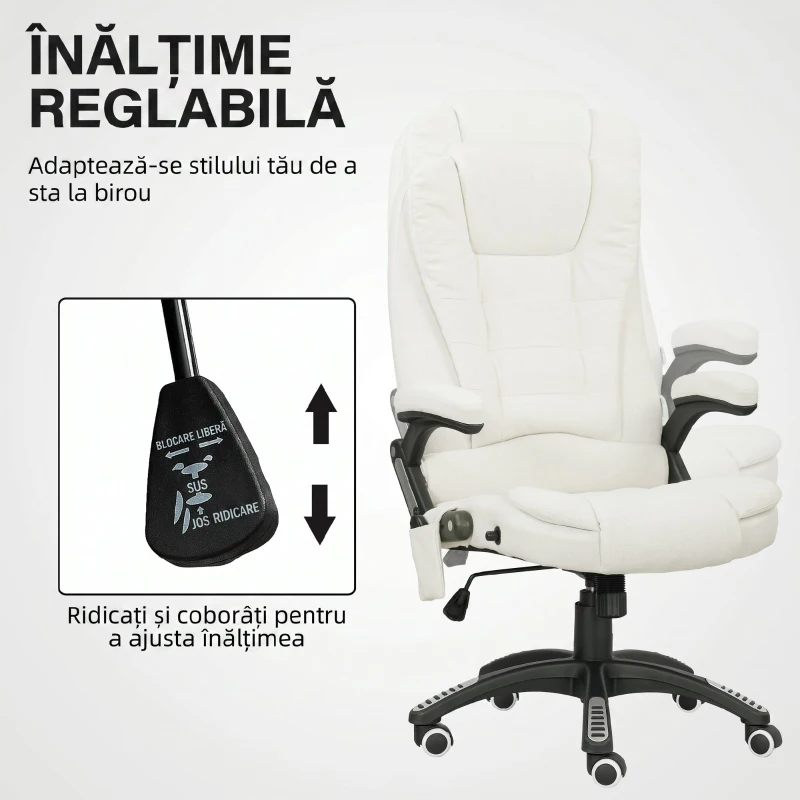 Vinsetto Scaun de Birou Reclinabil cu Masaj, Înălțime Reglabilă, Telecomandă, Textil cu Aspect de In, Crem