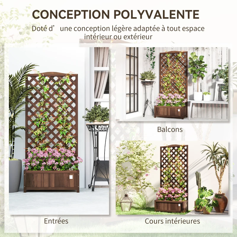 Outsunny Jardinière avec Treillis bac à Fleurs 76 x 36 x 170 cm Fond à Lattes Bois Sapin pré-huilé marron foncé