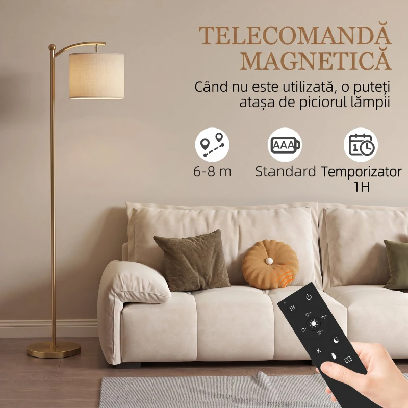 HOMCOM Lampadar LED cu Telecomandă, Lumină Reglabilă în 11 Temperaturi de Culoare și 11 Niveluri de Luminozitate, Auriu
