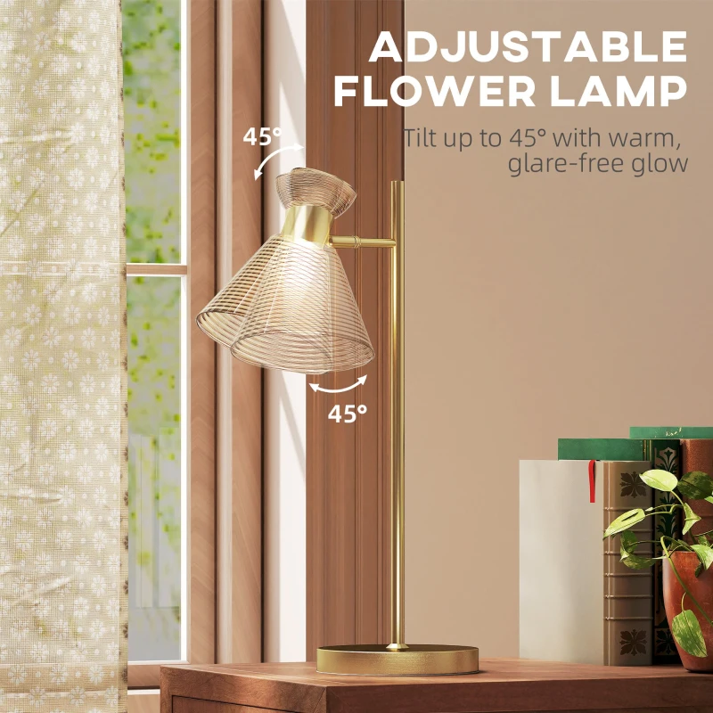 HOMCOM Modern Table Lamp, Bedside Lamp with Adjustable Flower-Shaped Head and E27 Socket for Living Room Bedroom Study, Bulb Not Included, Gold Tone