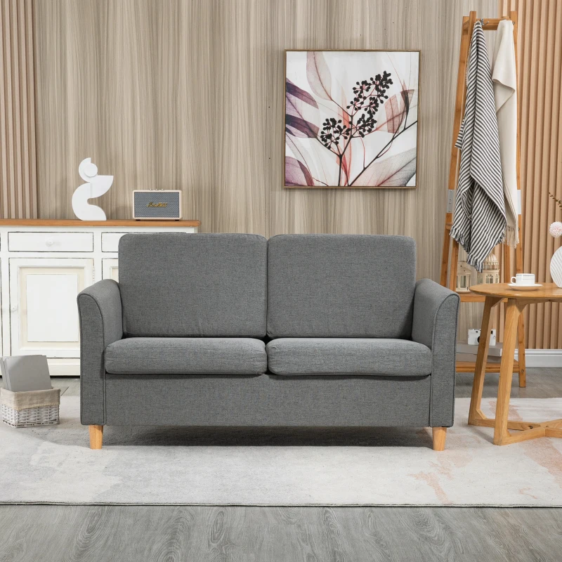 HOMCOM 2 Sitzer Sofa, Couch mit Holzbeine, Leinenoptik, Gepolsterter Polstersofa, Doppelsofa im Modern-Stil für Wohnzimmer, Schlafzimmer, Grau