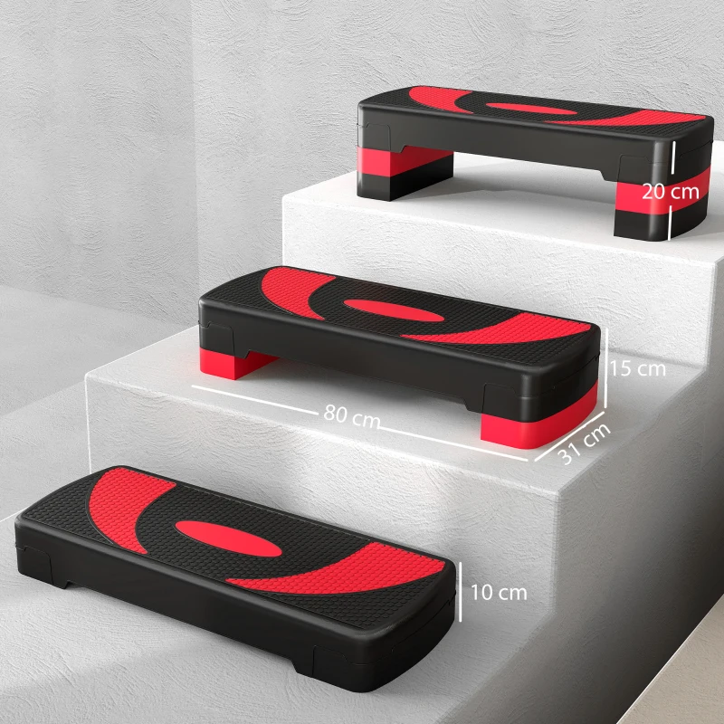 HOMCOM Step aerobic fitness reglabil pe 3 înălțimi, din plastic, 80x31x10/15/20 cm, roșu și negru
