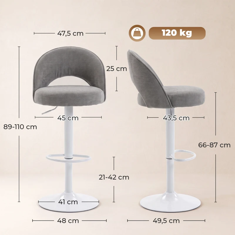 HOMCOM 2er-Set Barhocker, höhenverstellbare Barstühle, gepolsterte Chenille-Sitzfläche, 360° drehbar, Grau