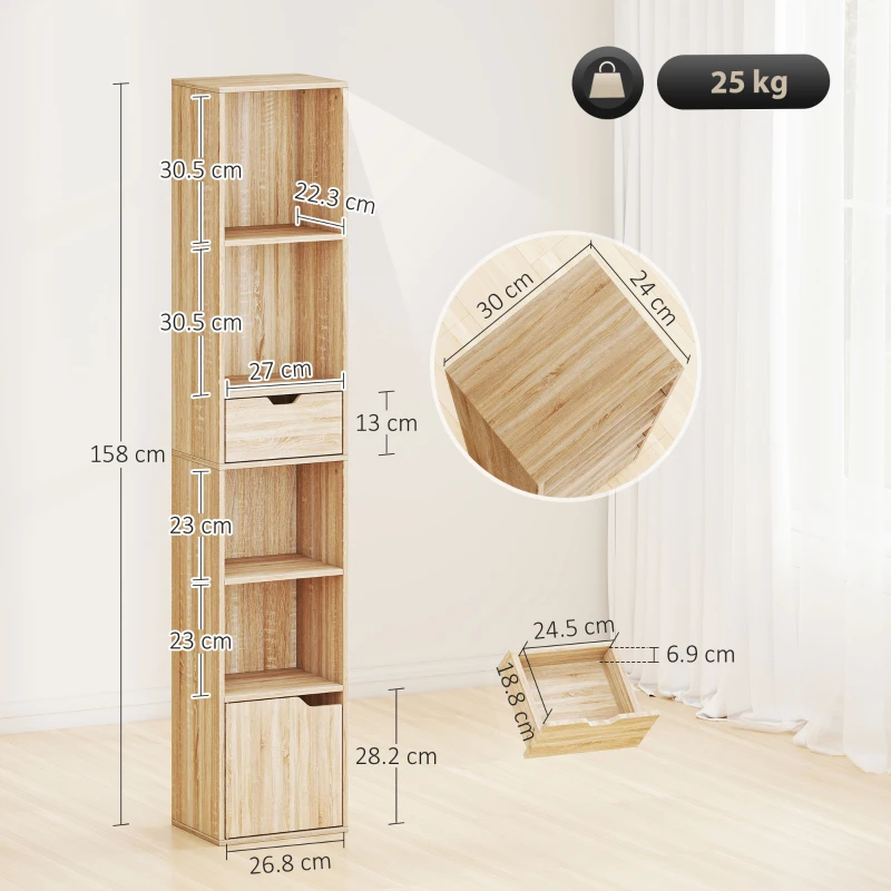 HOMCOM Raft Bibliotecă cu 4 Nivele Deschise, cu Dulap și Sertar, 30x24x158 cm, Lemn Natural