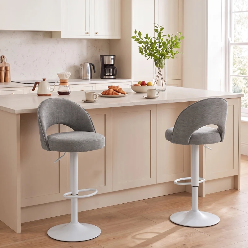 HOMCOM Lote de 2 Taburetes de Bar, Taburetes de Bar Regulables en Altura, Asiento Acolchado en Chenilla, Giratorio 360°, Gris