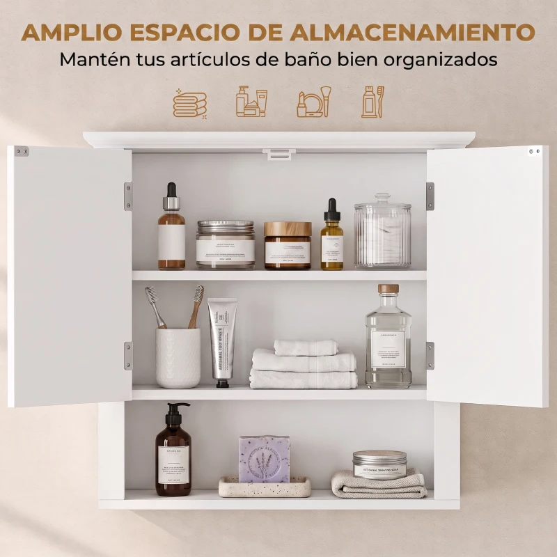HOMCOM Armario de Pared para Baño con 2 Puertas y Estante Abierto para Aseo Dormitorio Ducha 60x19,8x58 cm Blanco