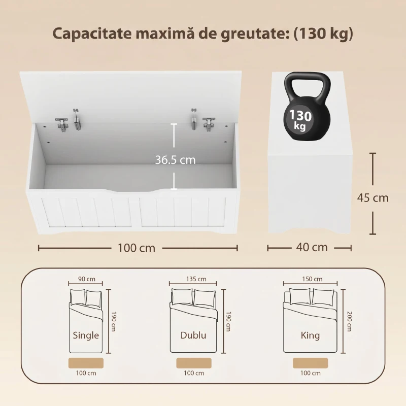 HOMCOM Bancă de Depozitare cu cu 2 Balamale de Siguranță 100 cm, PAL, Alb
