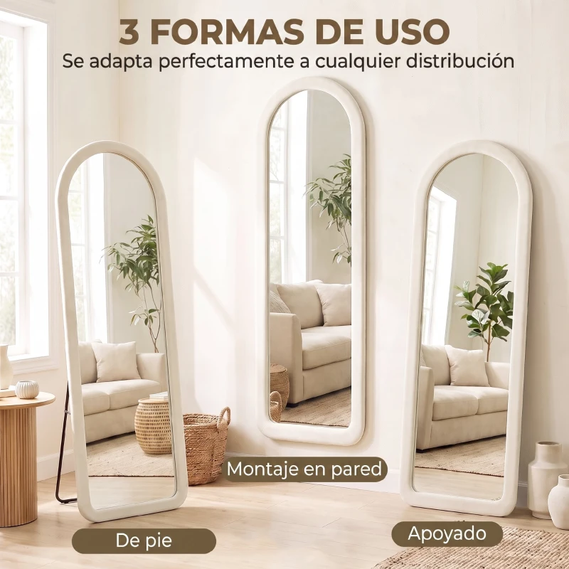 HOMCOM Espejo de Cuerpo Entero 160x60 cm Marco Arqueado Aterciopelado Independiente Apoyado y de Pared Crema