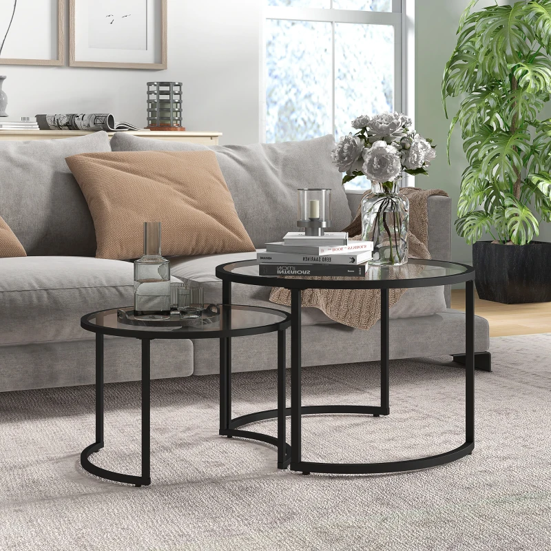 HOMCOM Set 2 mese de cafea suprapuse din sticlă și oțel, Ø70x47,5 cm și Ø54x42,5 cm, negru