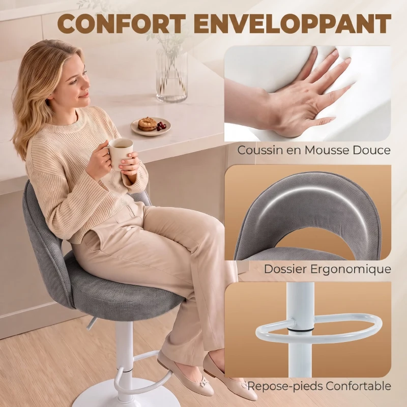 HOMCOM Lot de 2 Tabourets de Bar, Chaises de Bar Réglables en Hauteur, Assise Rembourrée en Chenille, Pivotant 360°, Gris
