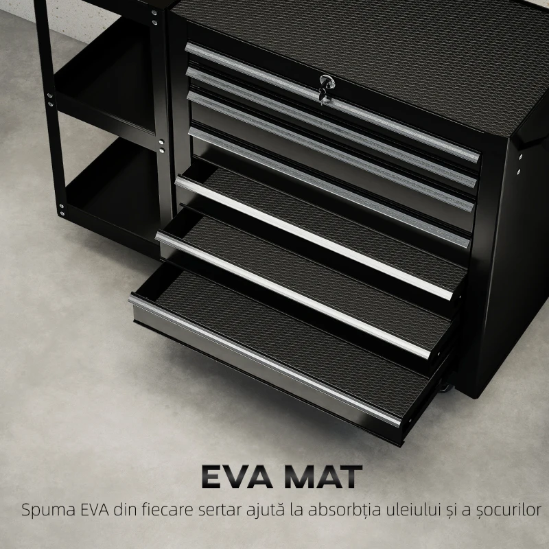 HOMCOM Cărucior pentru Unelte din Oțel cu 7 Sertare, Poliță Laterală Detașabilă, Roți, Capacitate 120kg, Negru