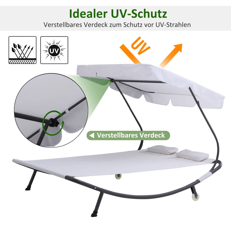 Outsunny Sonnenliege rollbar Campingliege mit Kopfkissen, Dach UV-beständig und wasserabweisend Gartenliege Liegestuhl bis 220kg belastbar für Balkon, Garten, Cremeweiß
