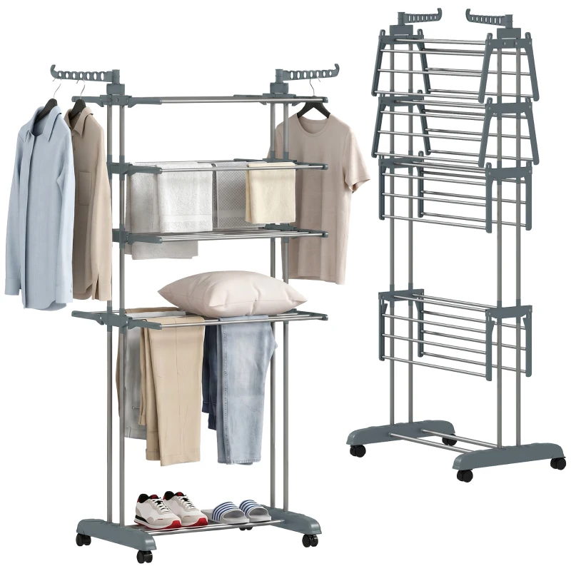 HOMCOM Séchoir à linge pliable 4 niveaux avec roulettes, étendoir linge intérieur avec ailes latérales, cadre en acier, gris