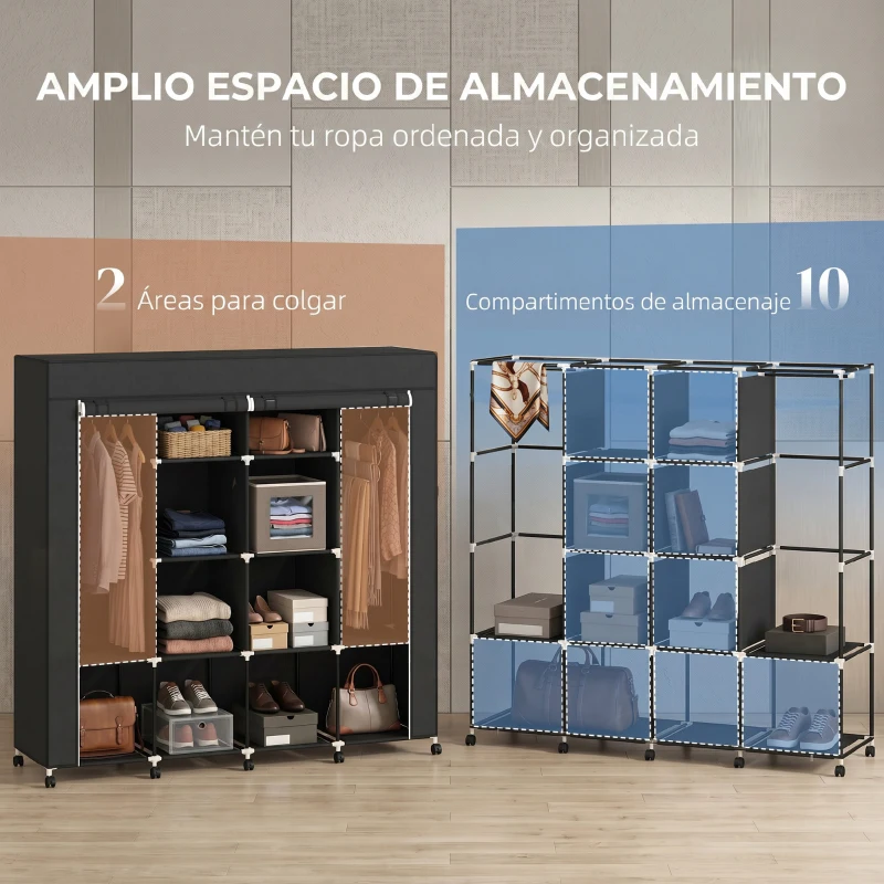 HOMCOM Armario de Tela Portátil con Ruedas 10 Compartimentos 2 Barras para Colgar Estructura de Acero Negro