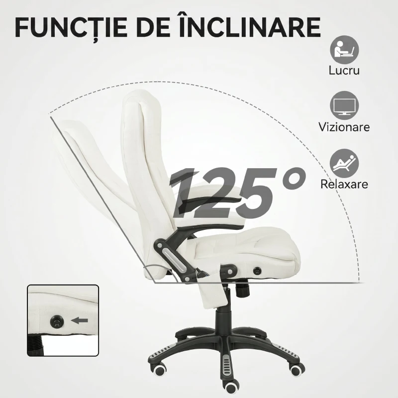 Vinsetto Scaun de Birou Reclinabil cu Masaj, Înălțime Reglabilă, Telecomandă, Textil cu Aspect de In, Crem