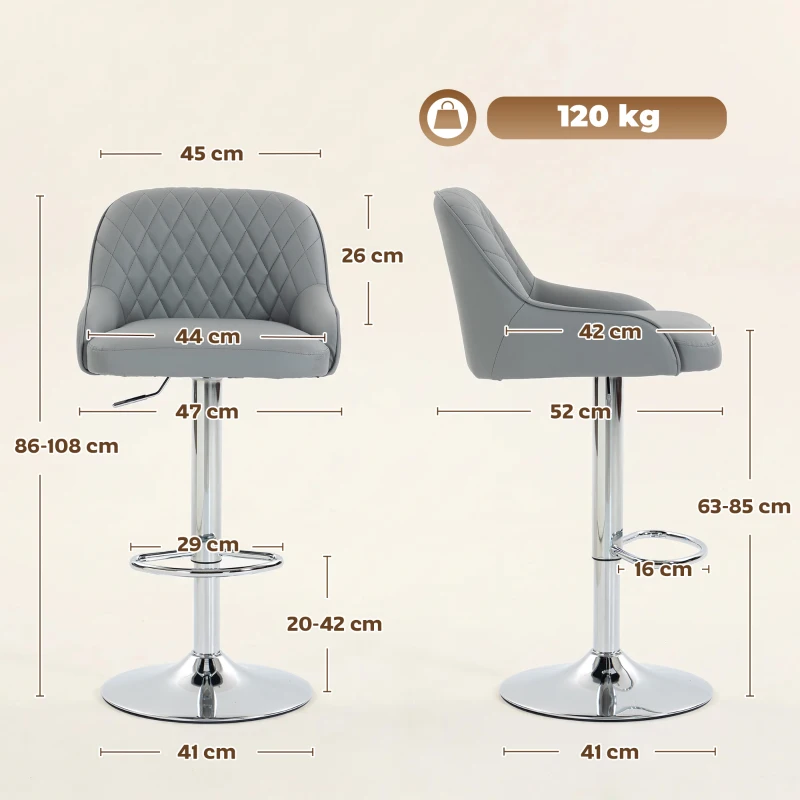 HOMCOM Set de 2 Scaune de Bar Rotative Reglabile pentru Bucătărie, Gri Deschis