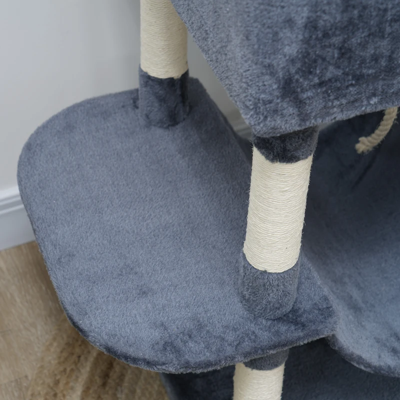 PawHut Ansamblu de Cățărat pentru Pisici, 206 cm, cu Stâlpi din Sisal, Căsuțe și Hamace, Gri Închis