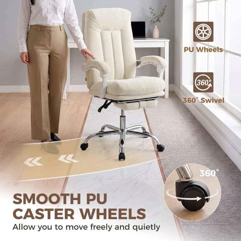 HOMCOM Chaise Bureau Ergonomique, Fauteuil de Bureau Inclinable en Chenille, Hauteur Réglable, Repose-Pieds, Crème
