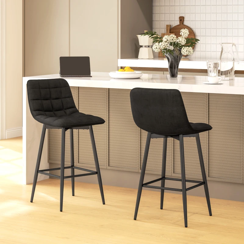 HOMCOM Set 2 Scaune de Bucătărie Stil Nordic din Material Textil cu Efect de Catifea și Metal, 45x47x84 cm, Negru