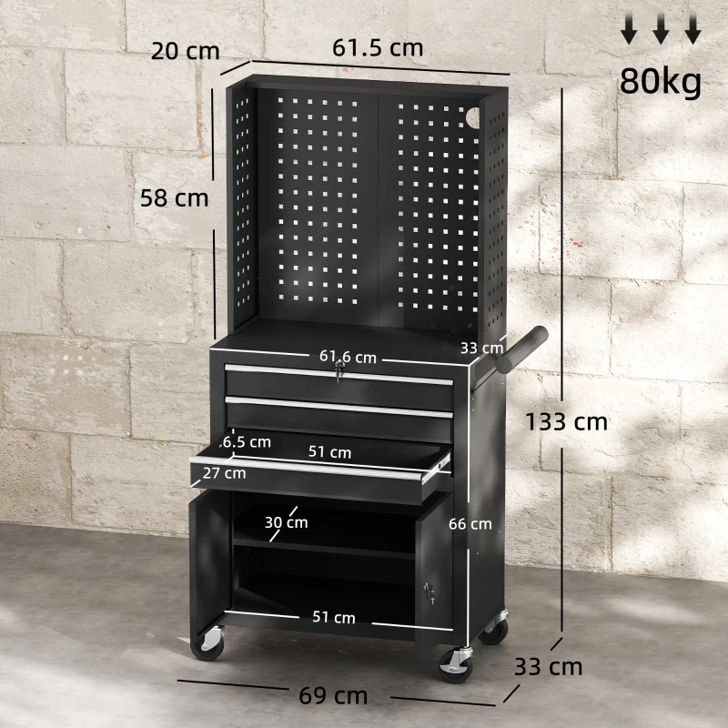 HOMCOM Cărucior de Scule din Oțel cu Blat de Lucru, 3 Sertare, Dulap, Panouri Perforate, Roți, Negru
