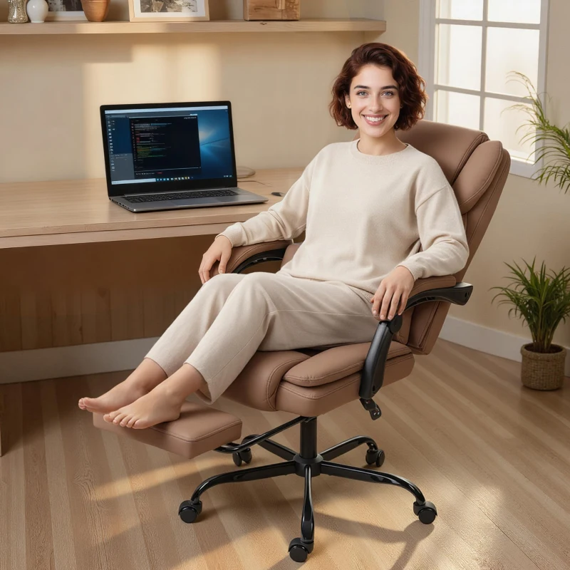 HOMCOM Scaun de Birou Ergonomic Reclinabil 140° cu Suport pentru Picioare și Pernă, Scaun de Birou din Piele Ecologică Rezistentă, Ușor de Curățat, Cotiere Căptușite, Rotativ și Reglabil pe Înălțime, Maro