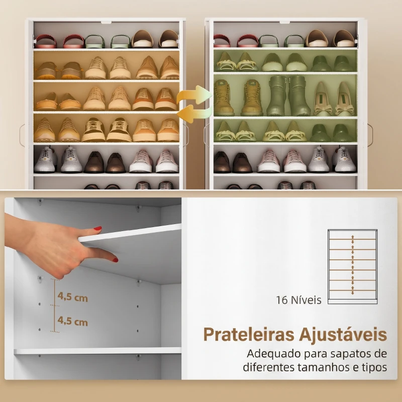 HOMCOM Armário de sapatos com 2 portas, 6 prateleiras ajustáveis, dobradiças com fecho suave para 21 pares, madeira natural