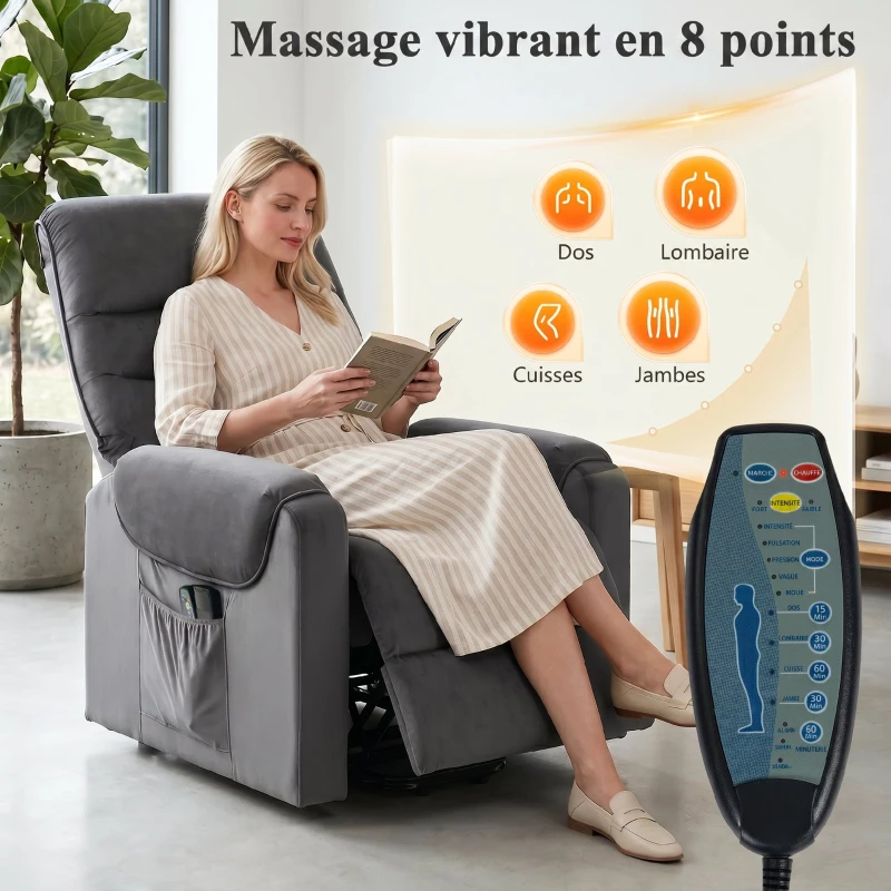 HOMCOM Fauteuil releveur électrique massage vibration et chaleur, fauteuil relax électrique en velours, gris foncé