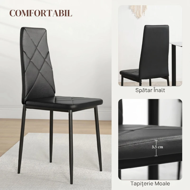 HOMCOM Set de 2 Scaune de Sufragerie Moderne cu Spătar Înalt din Piele Ecologică și Oțel, 41x50x97 cm, Negru