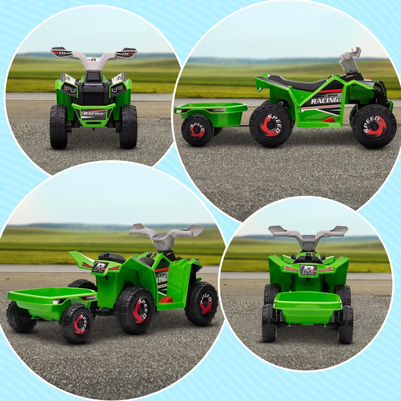 HOMCOM ATV Electric pentru Copii cu Remorcă, Pedală, Mers Înainte și Înapoi, 2,5 km/h, 18-36 Luni, Verde