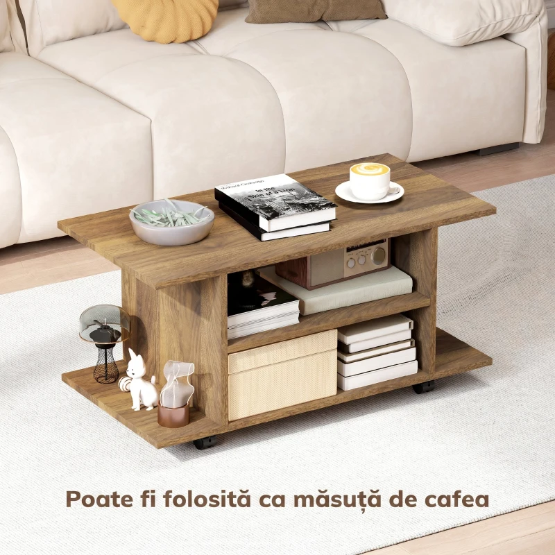 HOMCOM Suport TV Modern cu Rafturi, Roți Pivotante și Frâne, 80 x 40 x 40 cm, Nuc