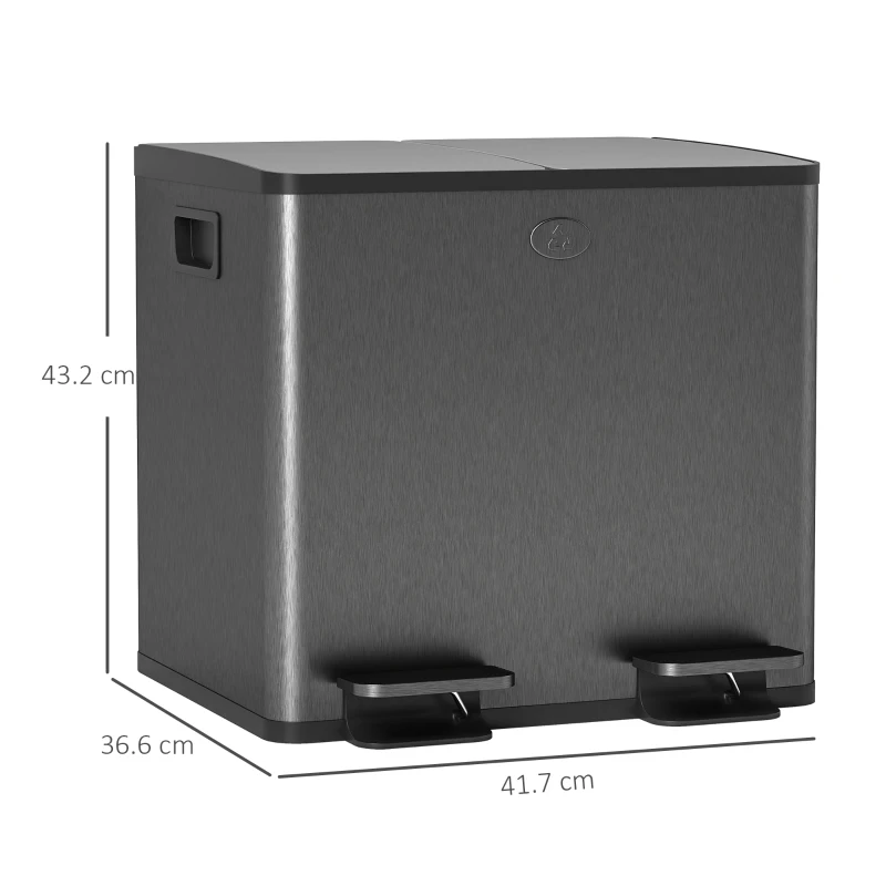 HOMCOM Coș de Gunoi cu 2 Secțiuni de 15L, cu Închidere Silențioasă, din Oțel Inoxidabil și PP, 41.7x36.6x43.2 cm, Negru