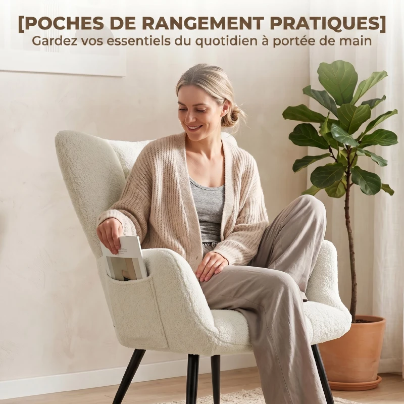 HOMCOM Fauteuil de Salon avec Repose-Pied, Fauteuil d'Appoint Capitonné en Peluche Teddy, Dossier Haut, Poches Latérales, Beige