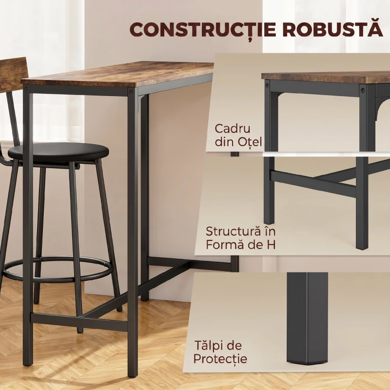 HOMCOM Set Masă de Bar cu 2 Scaune Înalte, Spătar, Suport pentru Picioare, MDF, Metal, 100x40x90,5 cm, Maro Rustic