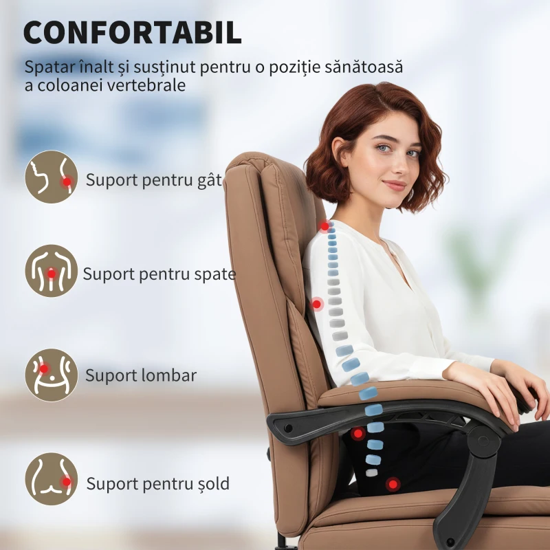 HOMCOM Scaun de Birou Ergonomic Reclinabil 140° cu Suport pentru Picioare și Pernă, Scaun de Birou din Piele Ecologică Rezistentă, Ușor de Curățat, Cotiere Căptușite, Rotativ și Reglabil pe Înălțime, Maro