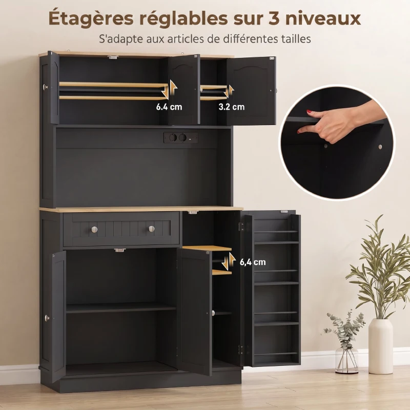 HOMCOM Buffet haut cuisine, armoire de cuisine, station de charge, 6 portes, plan de travail, porte-épices, 100x40x173cm, noir