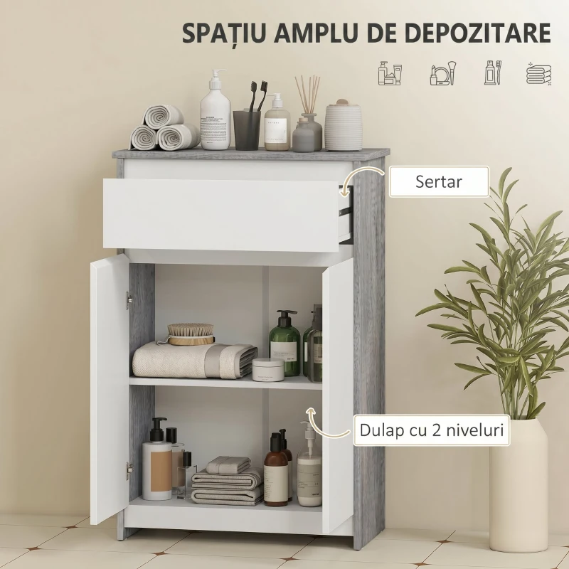 kleankin Dulap de Baie Independent cu Sertar și Uși Duble, Gri-Alb
