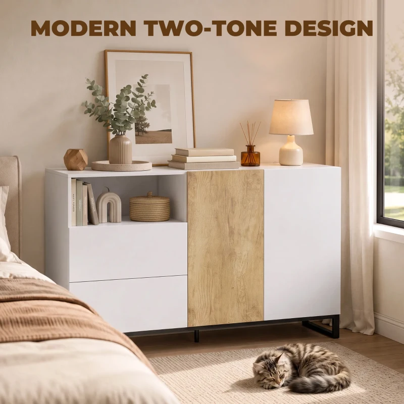 HOMCOM Bufet Modern 140 cm cu Poliță Deschisă, Alb și Stejar