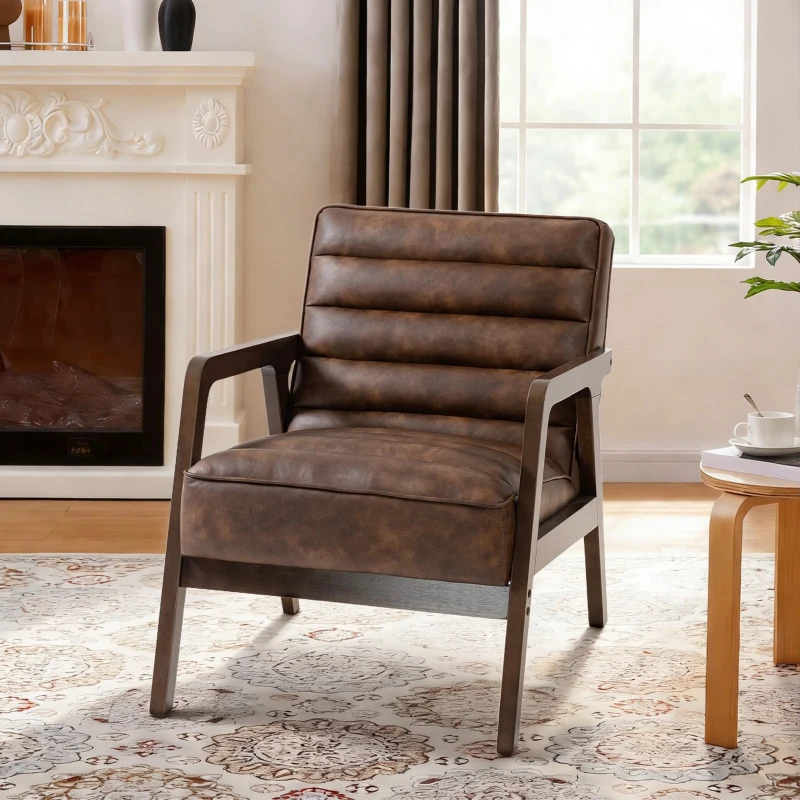 HOMCOM Fauteuil salon, fauteuil d'appoint rembourré en PU avec large assise, coussin épais et structure en bois massif, marron